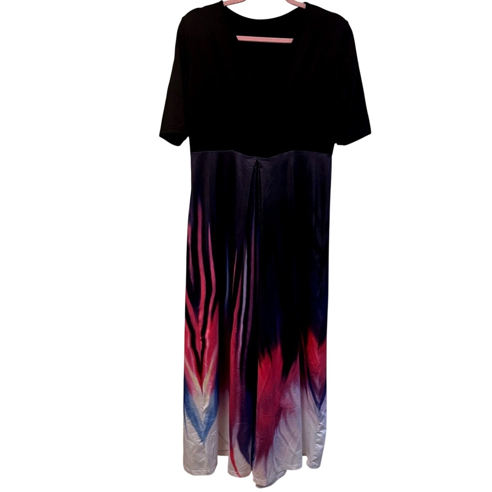 Flowy Psychedelic V-Neck Maxi Dress Abstract Boho Print Empire Waist Black Bold